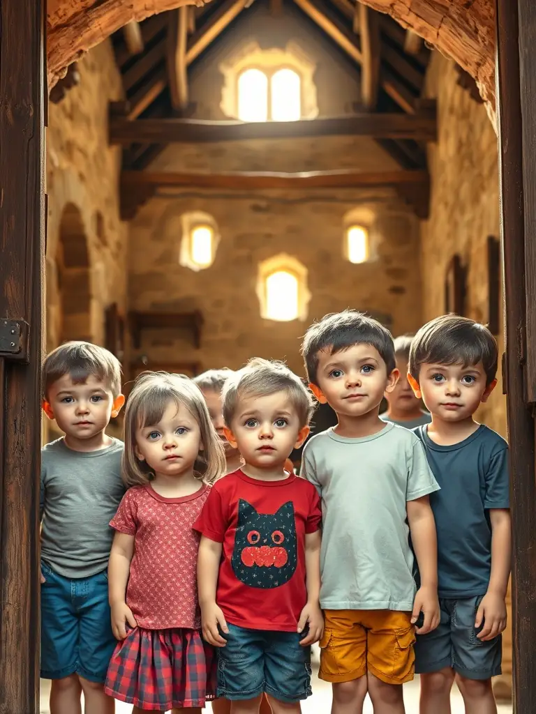 A group of children participating in an educational tour of the Chapel of Saint Nicolas, learning about its history and significance.