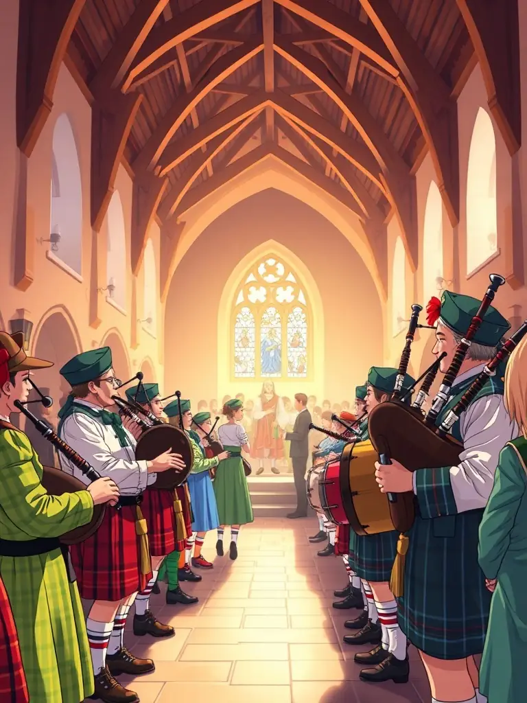 A vibrant photo capturing a traditional Breton music performance held inside the Chapel of Saint Nicolas, showcasing musicians playing traditional instruments and attendees enjoying the cultural event.
