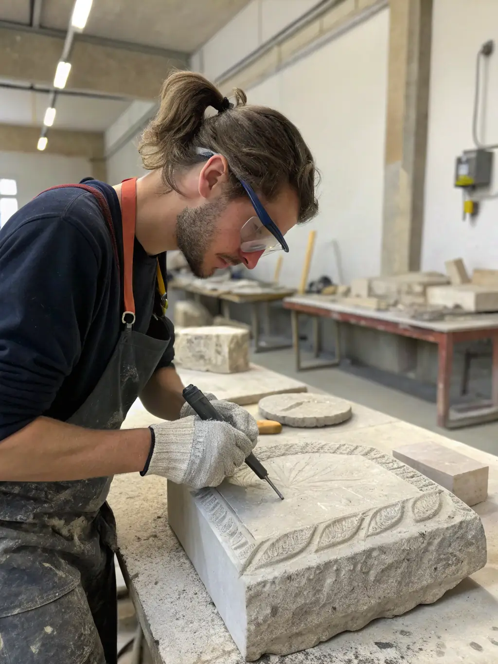 A photo of a stonemason carefully restoring a section of the Chapel of Saint Nicolas's exterior, highlighting the ongoing restoration efforts.