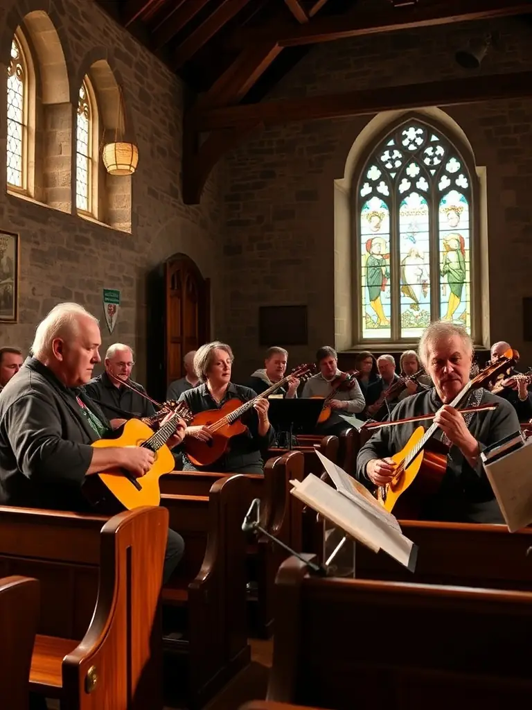 A vibrant image of a traditional Breton music performance inside the Chapel of Saint Nicolas, illustrating the cultural events held to revive the space.