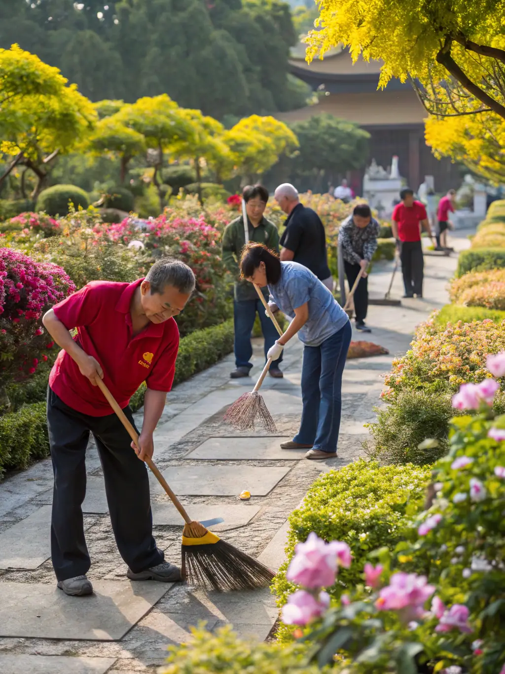 A photograph capturing volunteers cleaning and maintaining the grounds surrounding the Chapel of Saint Nicolas, showcasing their dedication to preserving the site's natural beauty.
