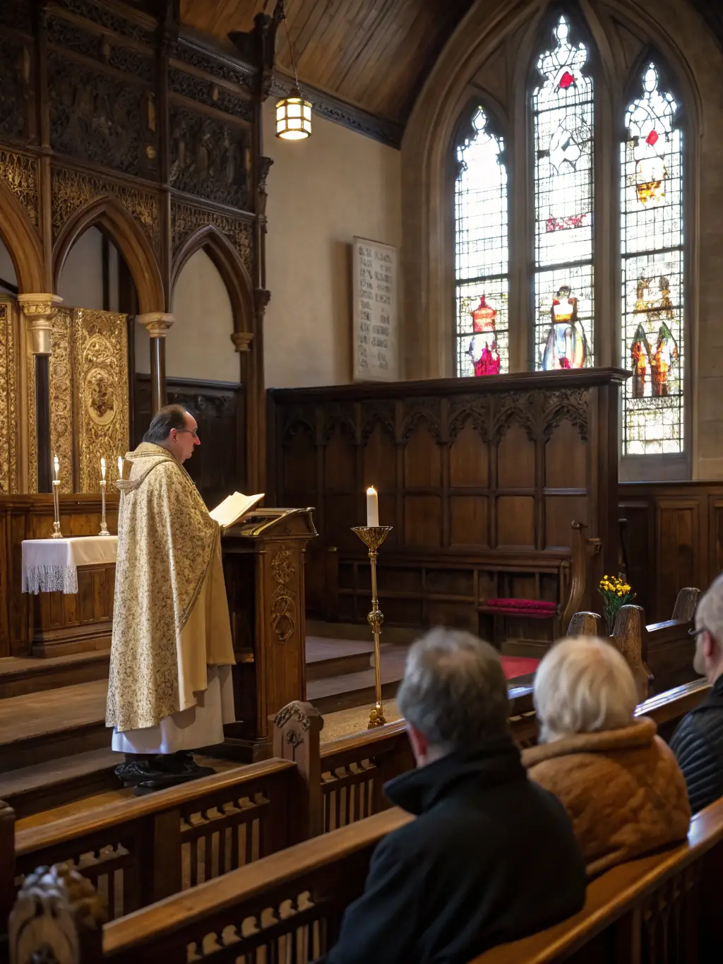 An image of a historical lecture taking place inside the Chapel of Saint Nicolas, with a speaker presenting on the chapel's history and attendees listening attentively.
