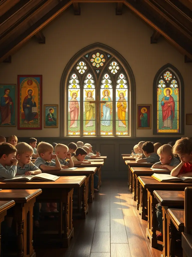 A photo of children participating in an art workshop at the Chapel of Saint Nicolas, creating drawings and paintings inspired by the chapel's architecture and surroundings.
